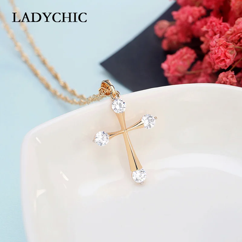 LADYCHIC Simple Cubic Zirconia Gold Color Cross Pendant Fashion Cute Cross Necklace Women Prayer Christian Jesus Jewelry LN1073