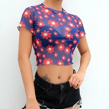 Women Tops Floral Ladies Tops Sheer Mesh Short Sleeve O Neck See Crop Top Casual T-Shirt Woman T Shirt Ruffle Tee Top Feminino