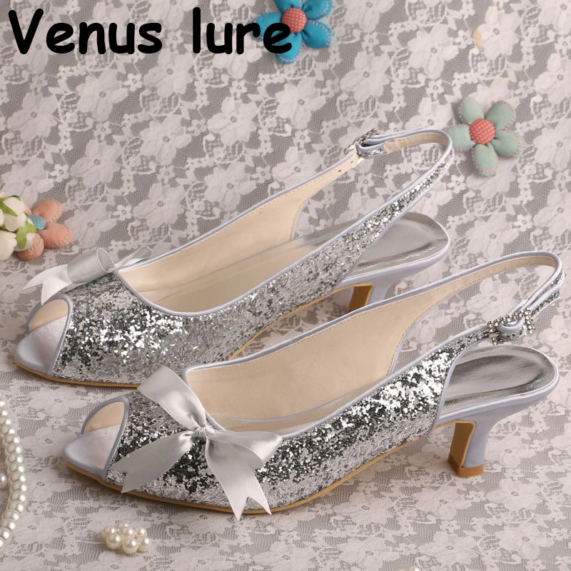 Slingback Bridesmaid Silver Glitter Peep Toe Prom Shoes Heel Bow Sandals|Women's Pumps| - AliExpress