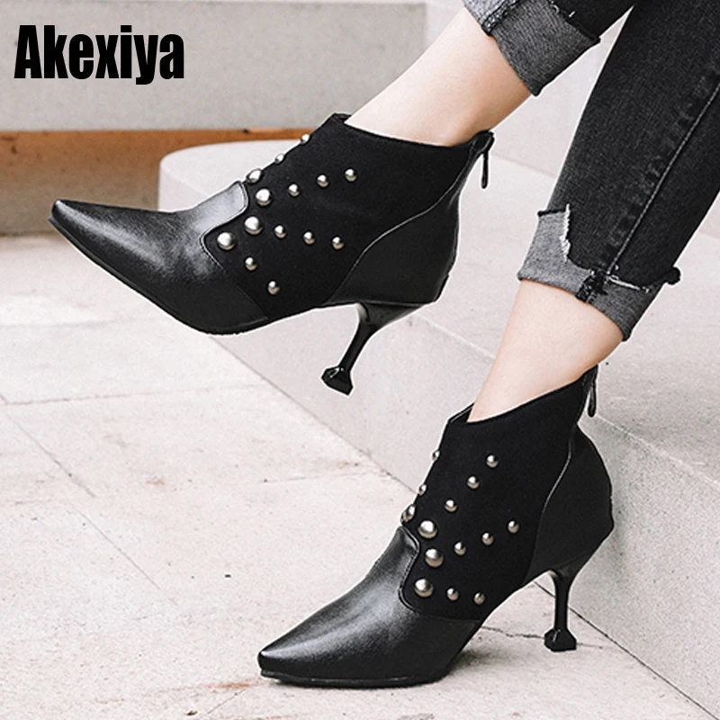 Boots Women Ankle Boots Rivets High Heel Shoes Ladies Black Boots Winter Zipper Buckle Pointed Toe Handmade Shoes 2019 k098