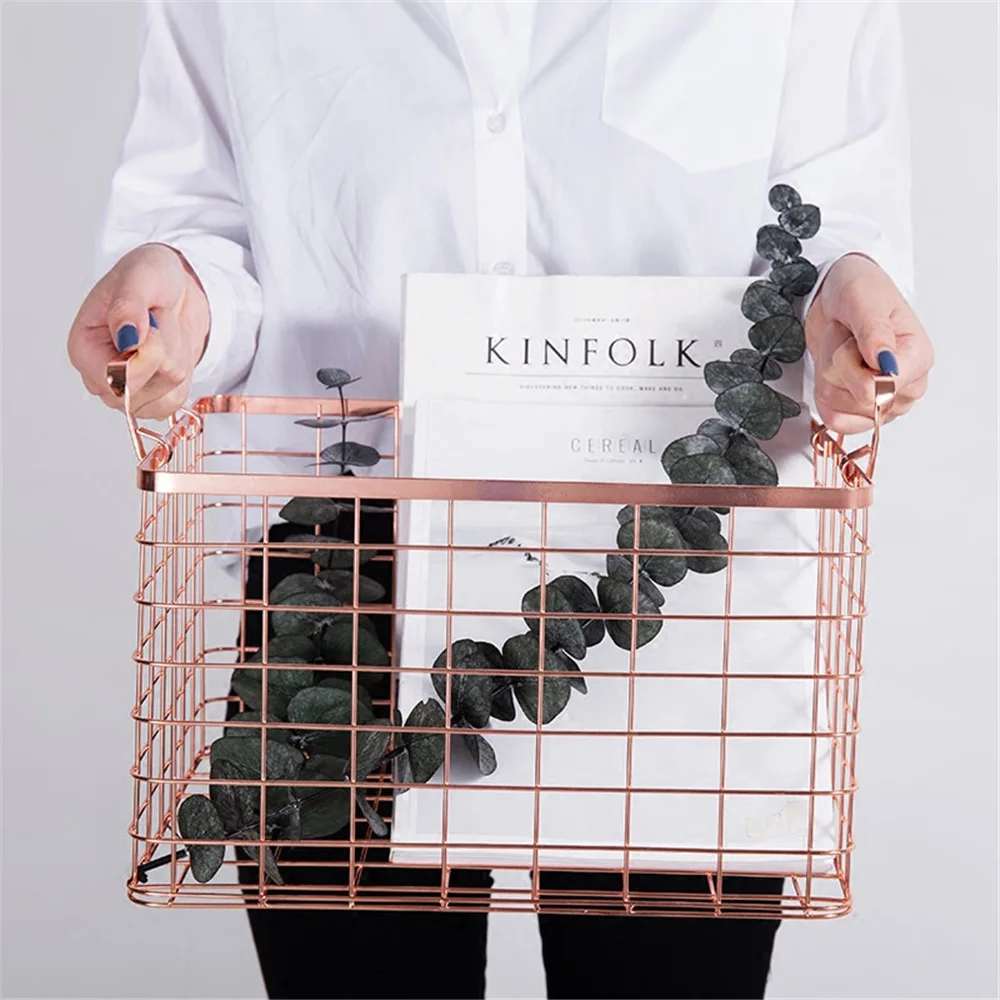 

Metal Rose Gold Storage Basket Vogue Chic Nordic Elegant Double Handle Iron Net Basket Bath Storage Desk Debris Square Organizer