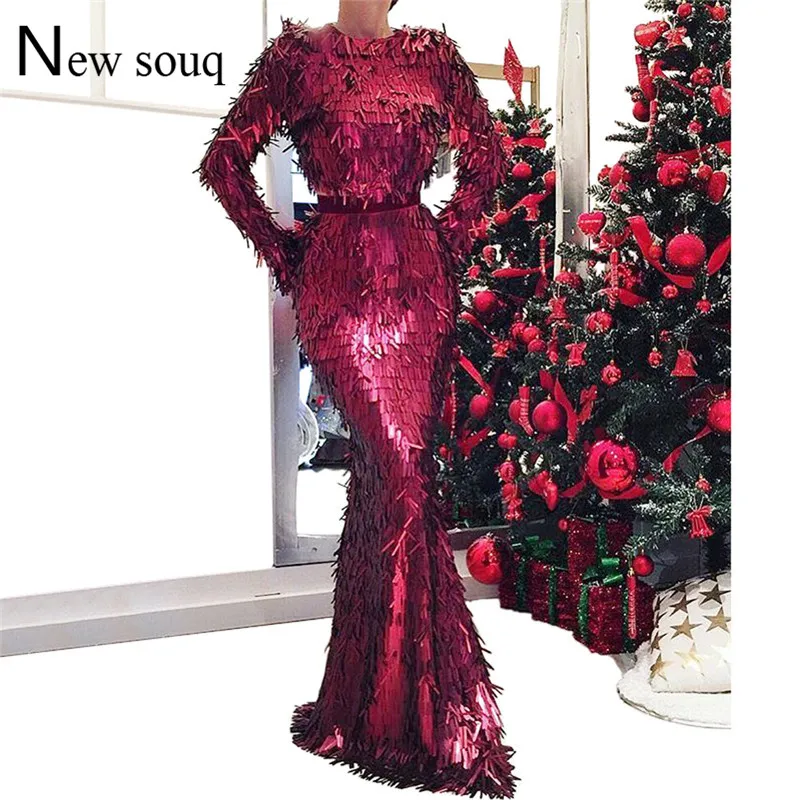 Slim Mermaid Evening Dresses Long Sleeve Sequin Celebrity Party Dress 2019 Robe De Soiree Aibye Muslim Arabic Kaftan Dubai Gowns