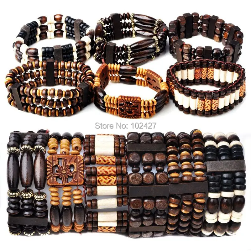 24Pcs Wholesale Lots Mixed Wood Beads Stretchy Elastic Bracelets Cuff