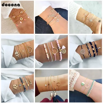 

Docona 20 Style Bohemia New Fashiion Gold Silver Color Bracelets Hollow Leaf Geometric Crystal Stone Bangles Women Jewelry
