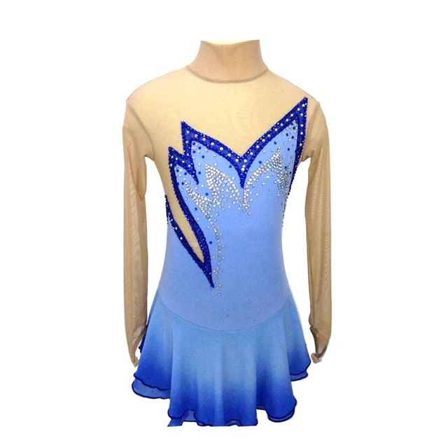 Best price at $117 Cheap Customized Costume Ice Figure Skating Dress Rhythmic Gymnastics Blue Child Girl Show Skirt Performance Rhinestone Long Sleeve