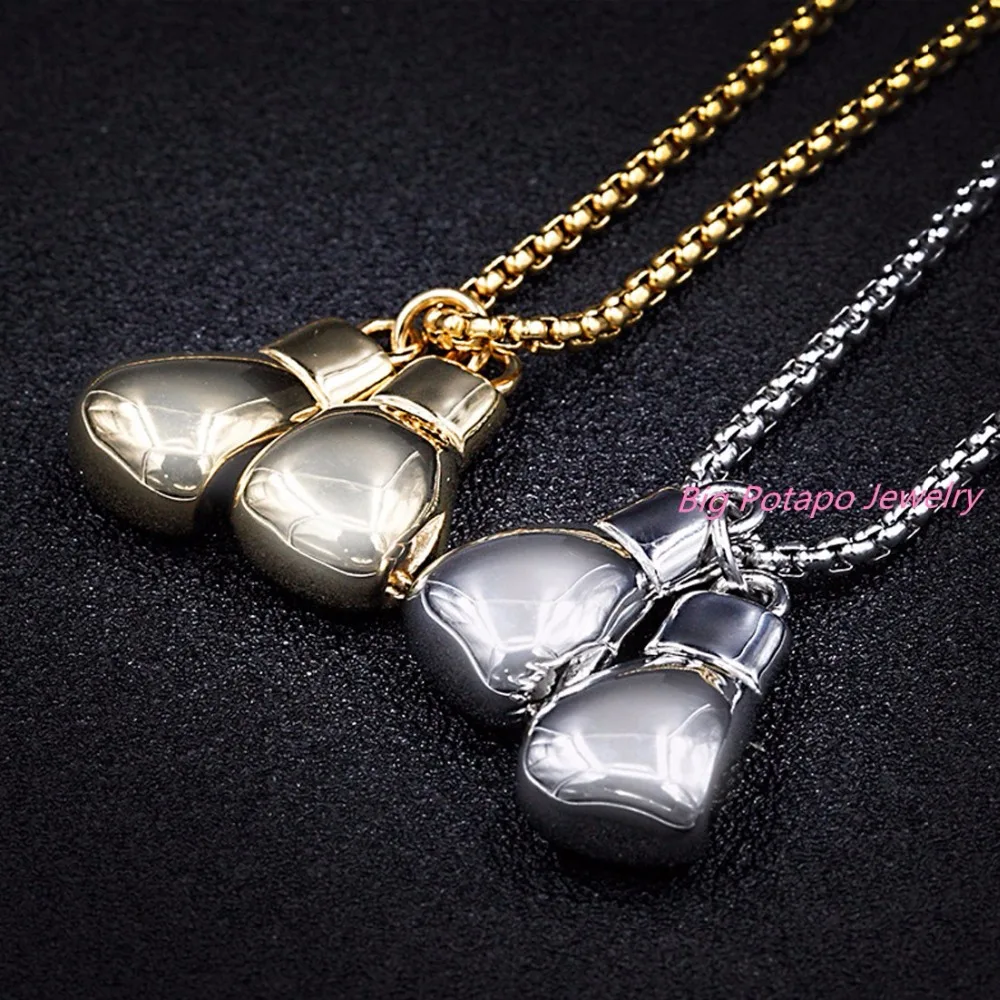 2pc/set Sporty Design Stainless Steel Mens Women's Boxing Glove Pendant Necklace 