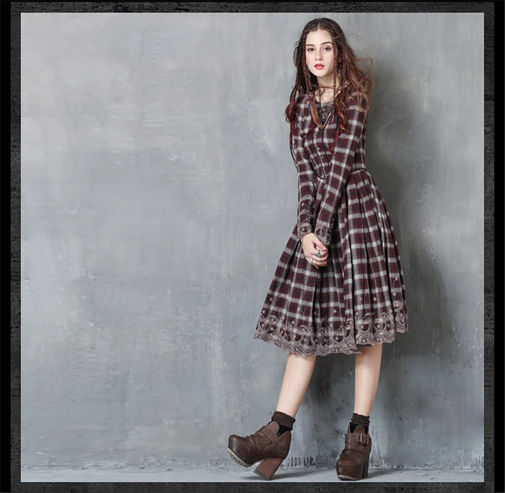 Vintage Embroidery Plaid Women Dress 2017 Autumn Vestido Femininos Cotton Long Sleeve Dress Plaid Patchwork O neck Women Dresses (6)