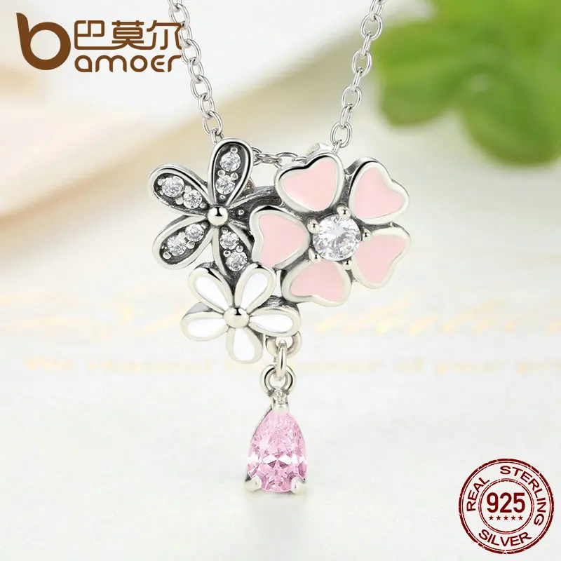 Bamoer стерлингового серебра 925 розовое сердце cherry blossom цветок 45 см подвески и ожерелья женщины стерлингов-серебро-ювелирные изделия scn046
