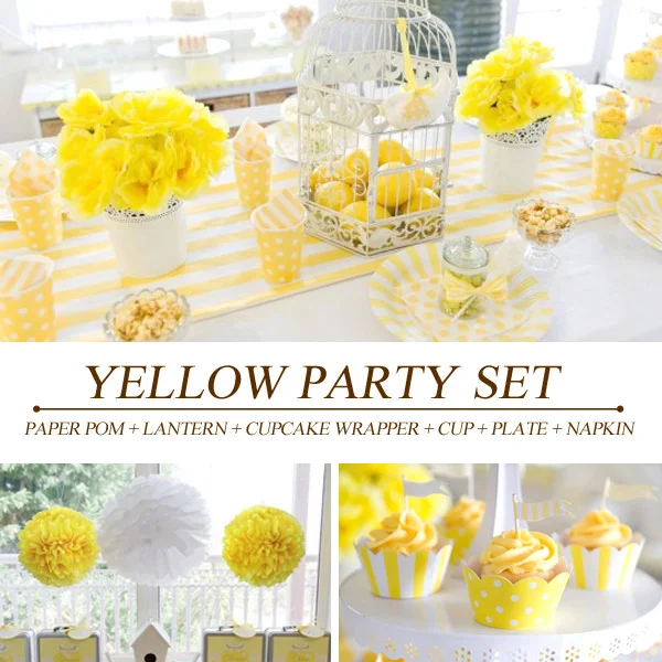 

[PGP] Yellow Party Set, Paper Pom Lantern Cupcake Wrapper cup Plate napkin, for Baby shower Kids birthday Children's Tea Party