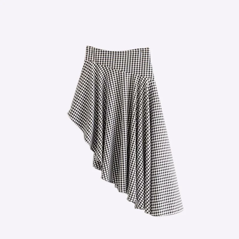 

2018 Autumn Elegant Vintage Irregular Cutting Shorts Skirts Big Hemline Black White Plaid Breathable Shorts