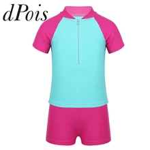 Комплект из 2 предметов, детский танкини для девочек, купальный костюм на молнии с короткими рукавами, топы с Низами, купальный костюм, летняя пляжная одежда