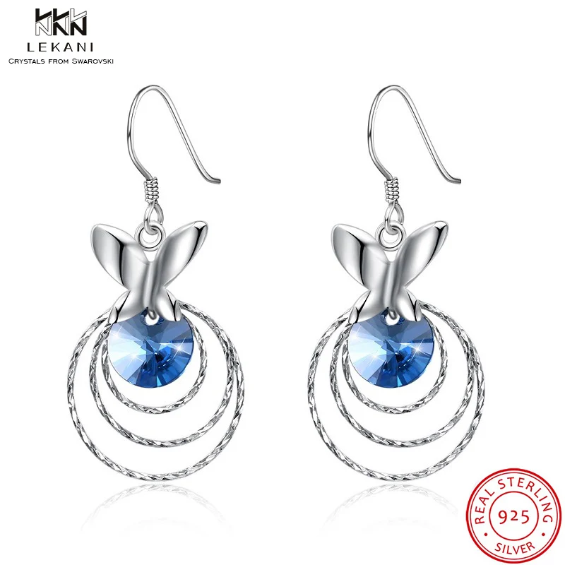 

LEKANI Crystals From Swarovski Drop Earring 925 Butterfly Round Blue Drop Earrings Girls Luxury High-End Jewelry Exquisite Gift