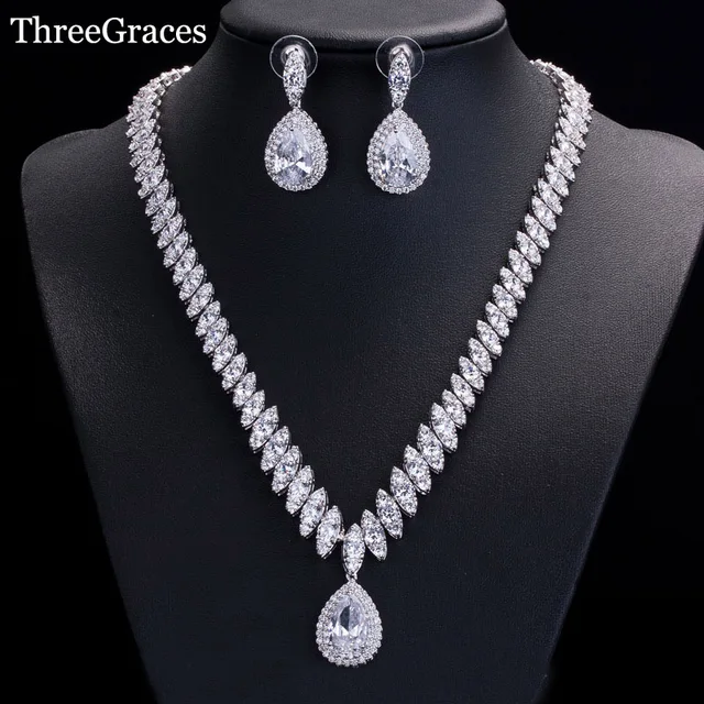 Threegraces Luxury White Gold Color Cubic Zirconia Bridal Threegraces Luxury White Gold Color Cubic Zirconia Bridal Necklace And Earrings Wedding Jewelry Sets For
