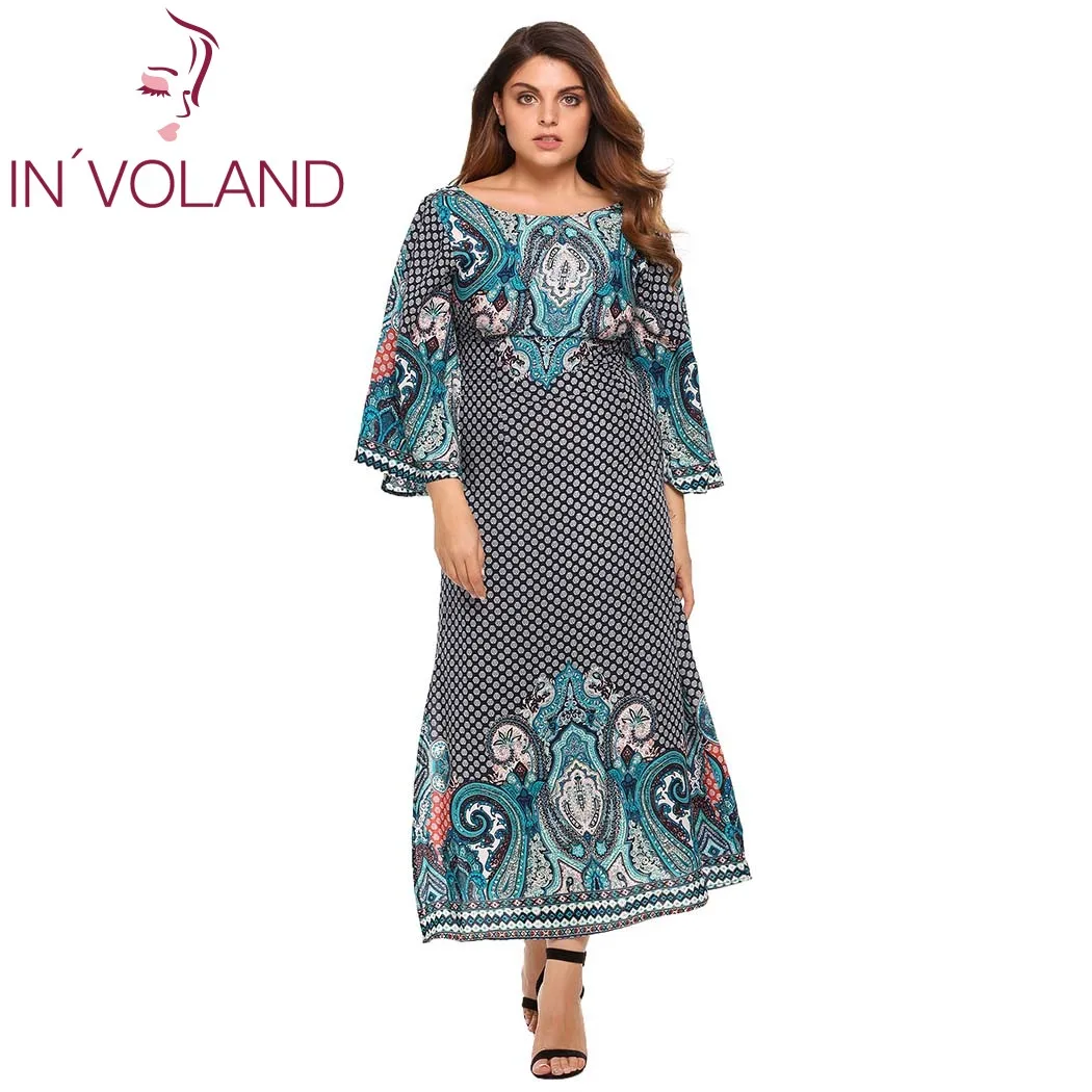 

IN'VOLAND Women Print Dress Large Size Casual Fashion Oversized Square Neck Flare 3/4 Sleeve Loose Dresses Lady Maxi Vestidos
