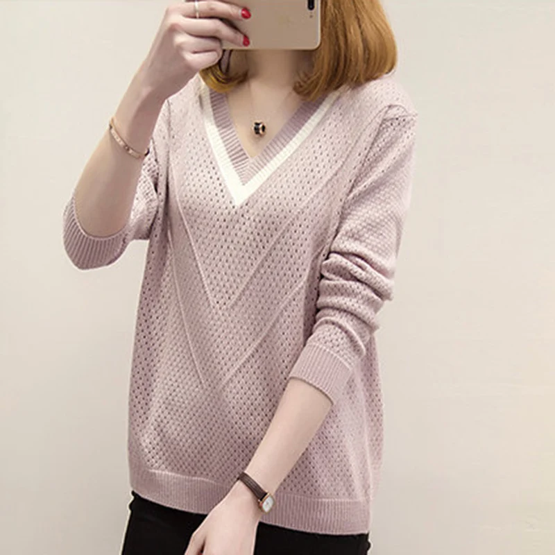 

2018 New Women V-Neck Pullover Sweater Loose Style Long Sleeve Pure Color Cashmere Wool Sweater RE0942