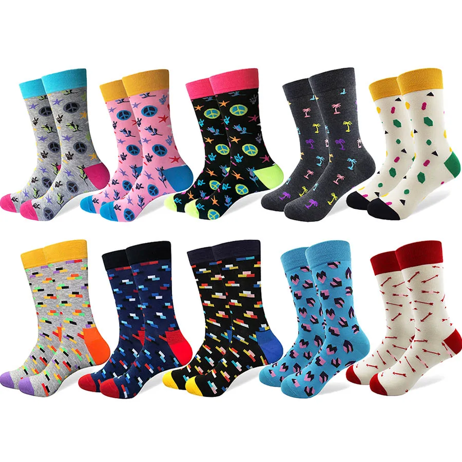 10 Pairs/Lot Men's Socks Fashion Funny Colorful Long Skateboard Socks Combed Cotton Happy Wedding Casual Business Dress Sock