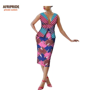 

2018 african summer women casual suit AFRIPRIDE sleeveless deep V-neck top+calf-length skirt 2-pieces suit for women A722663