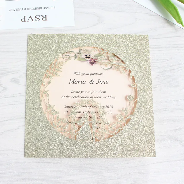 glittery couple laser cut wedding invitation with envelop insert wedding insert cards