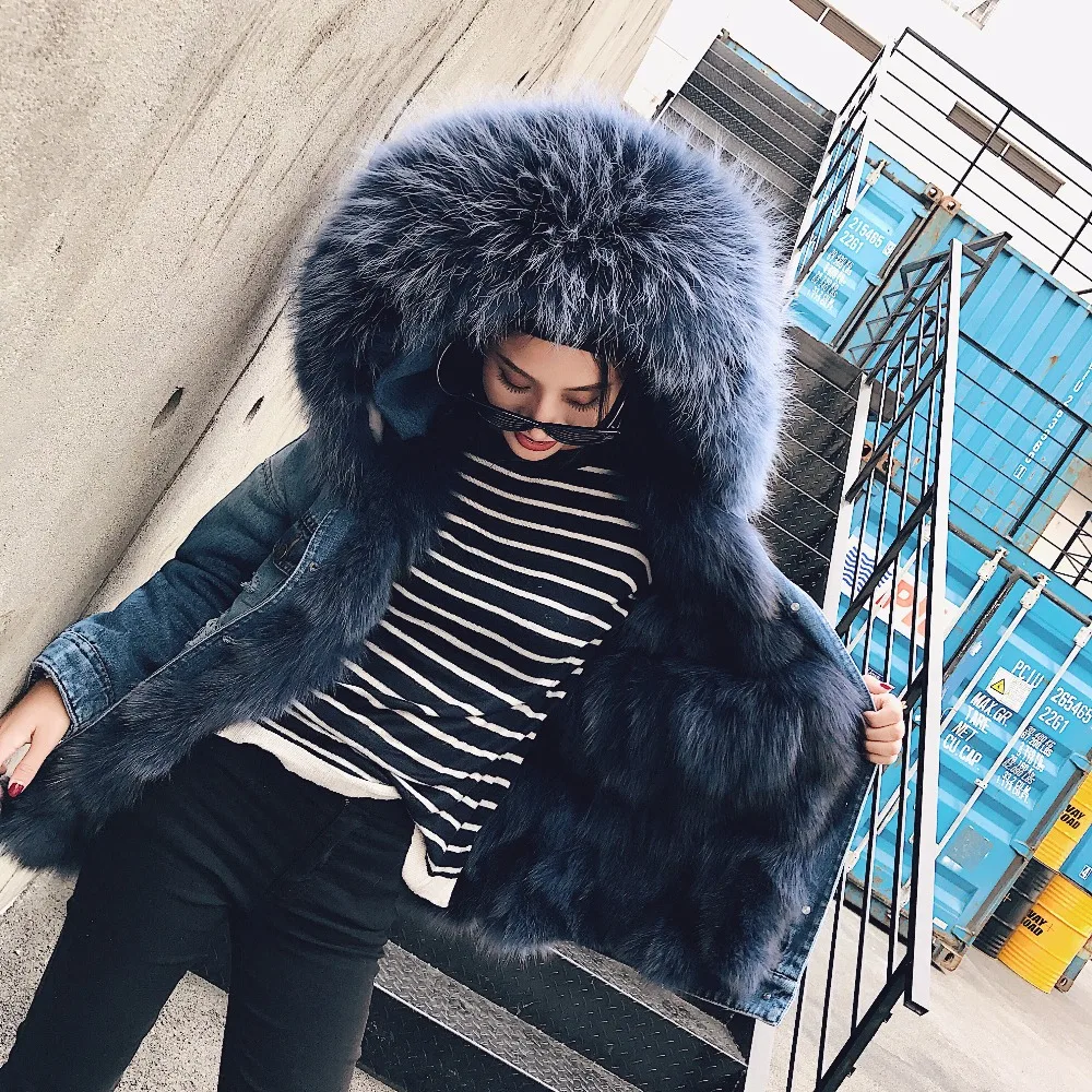

2019 new winter jacket women basic coat Holes bomber Denim jacket natural real large fox fur collar Fox fur thick warm Liner