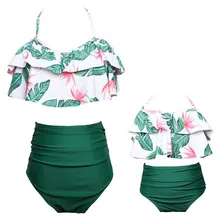 Купальник с высокой талией, комплект бикини для женщин, для мамы и дочки, с цветочным рисунком, с оборками, 2 предмета, купальный костюм, одежда для всей семьи, пляжная одежда зеленого цвета