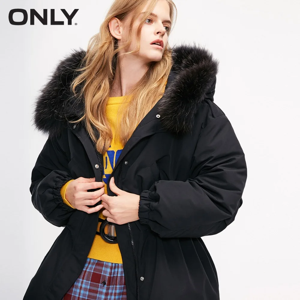 

ONLY womens' winter new drawstring short front hooded down jacket Short front and long back Waist drawstring|118323517