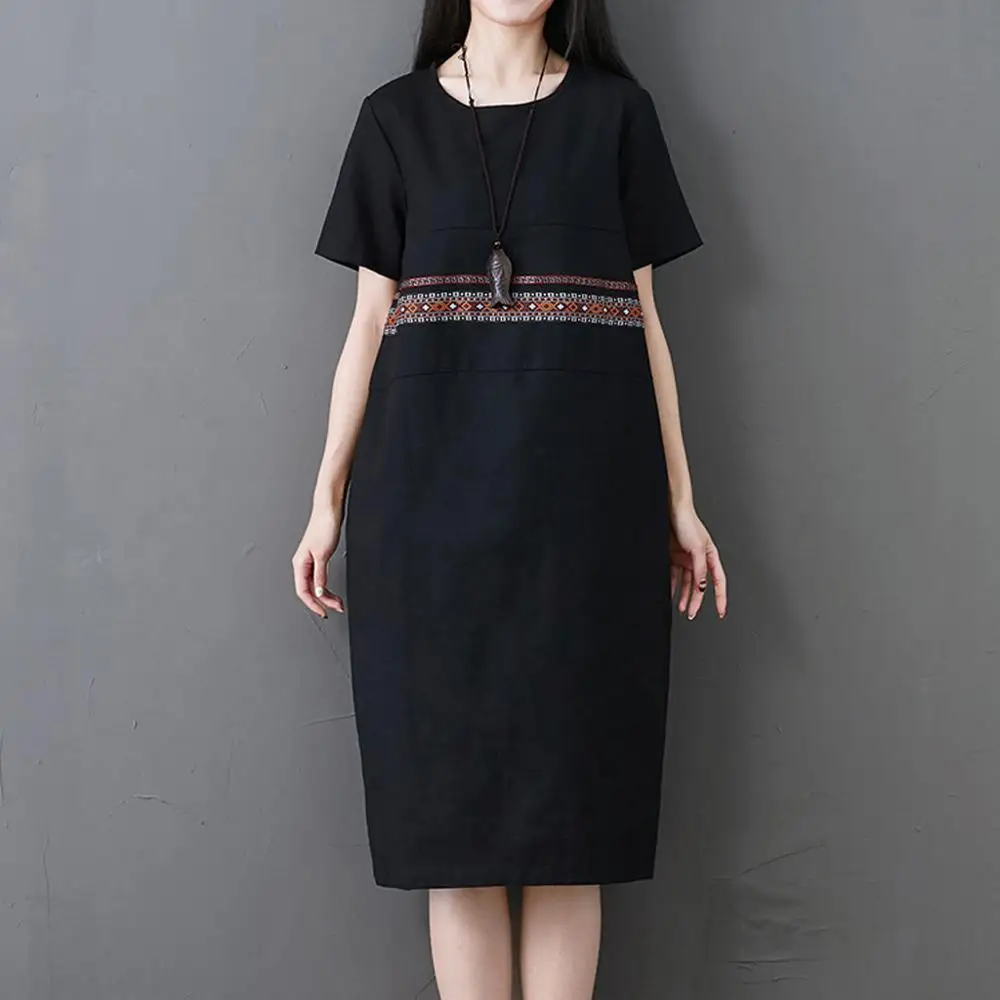 

Women Cotton Linen O-Neck Plus Size Short Sleeve Pocket Loose Long Summer Dress