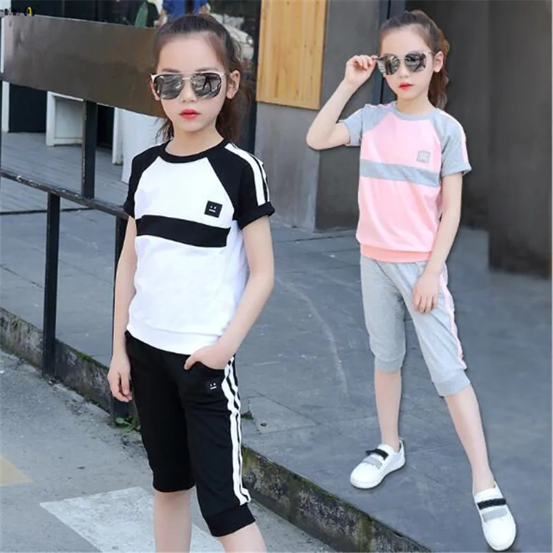 School Outfit Girls Clothes Suit T Shirt & Pants Casual Short Sleeve