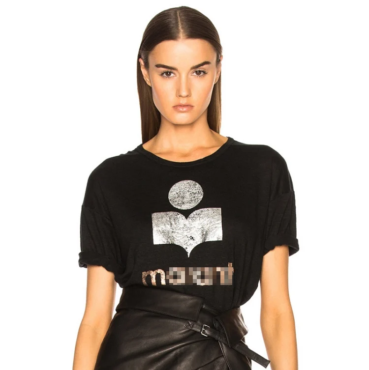 

Women T-shirt 2019 Summer Hot Stamped Flocked Print Pure Linen Short-sleeved T-shirt
