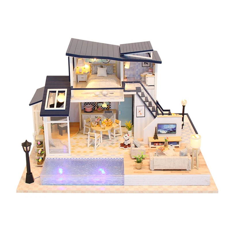 DIY Кукольный дом собрать Наборы 3D деревянный миниатюрный со светодиодной деревянная мебель для дома игрушки для детей, подарок на день рождения 13849