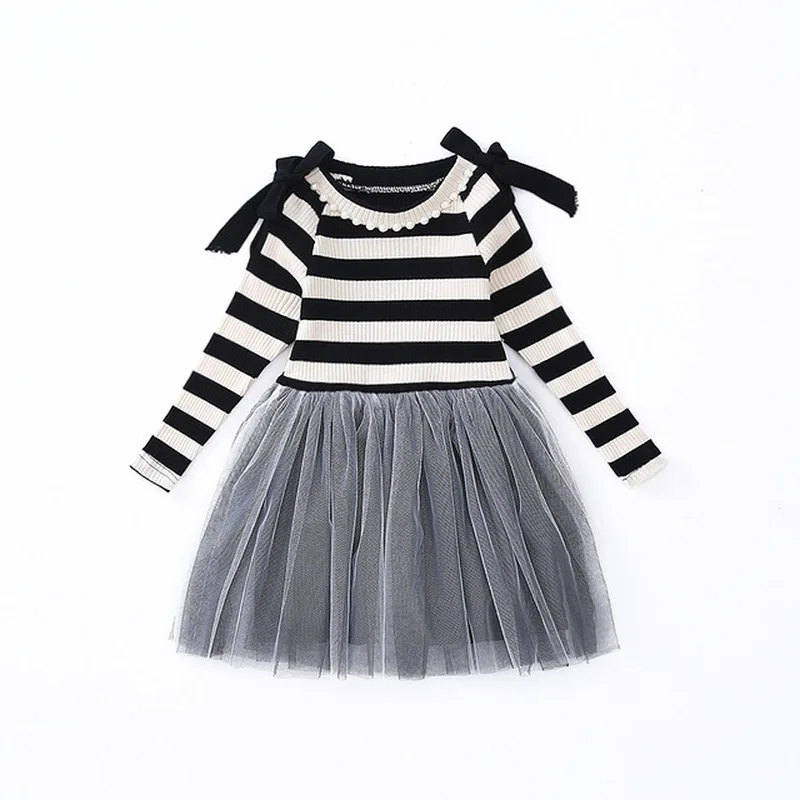 

2019 spring children's clothing girls long-sleeved mesh black and white striped children's dress princess dress pearl decoration