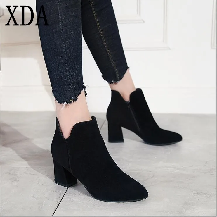 

XDA 2019 ankle Boots Round Toe High Heel Flock Solid Zipper martin boots fashion Woman boots autumn high Heel Ladies shoes