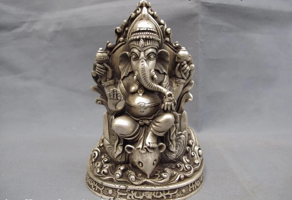 

S1038 Tibet Buddhism Temple White Copper Silver Ganapati Elephant God of wealth Statue D0317
