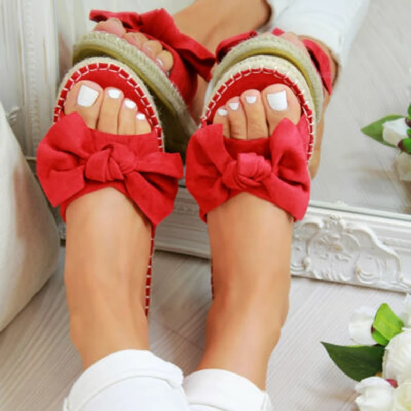 Модные шлепанцы; женские шлепанцы без задника; Летние сандалии с бантом; домашние тапочки; льняные шлепанцы; пляжная женская обувь с цветочным рисунком - Цвет: red