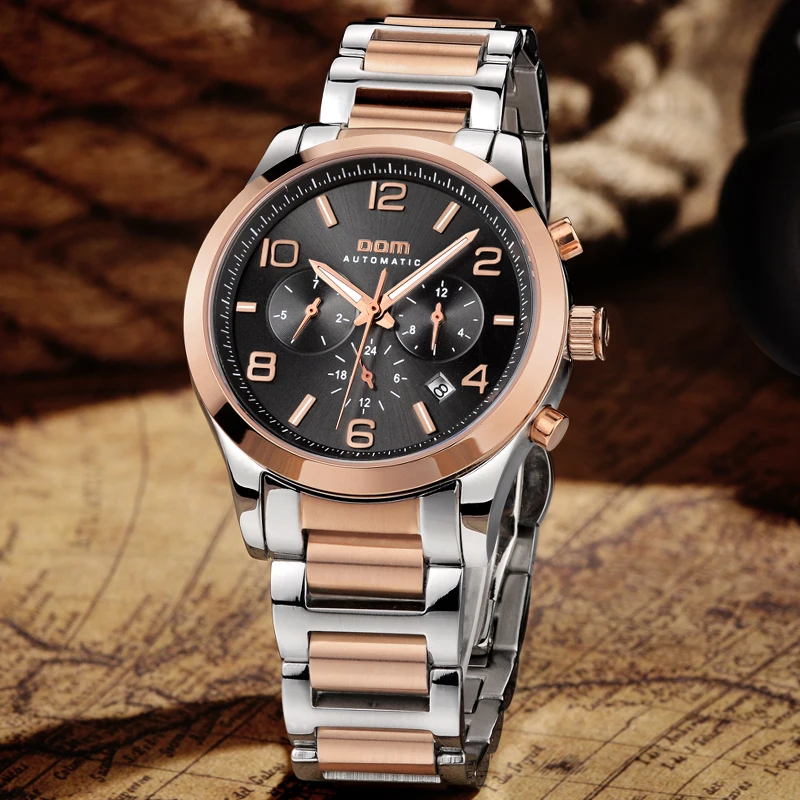 DOM 2016 Men Authentic Stainless Steel Fully Automatic Mechanical Waterproof Luxury Watch Scratch Resistant Sapphire