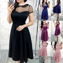 Moda mujer malla ver a través de Encaje Vintage Collar de muñeca Midi vestido señora Formal boda vestidos de fiesta de noche con vuelo Sundress