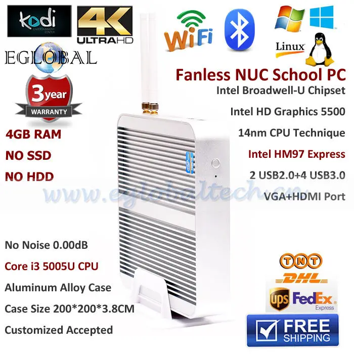  Small Powerful Mini PC Computer With Intel Nuc Core i3 5005U HD5500 4K Media Player Fanless Broadwell Game PC 4GB RAM NO SSD 