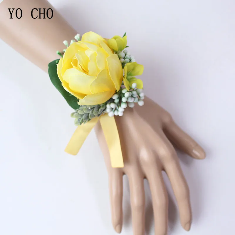 Boutonniere Flowers wedding wrist corsage flowers silk roses yellow  (13)