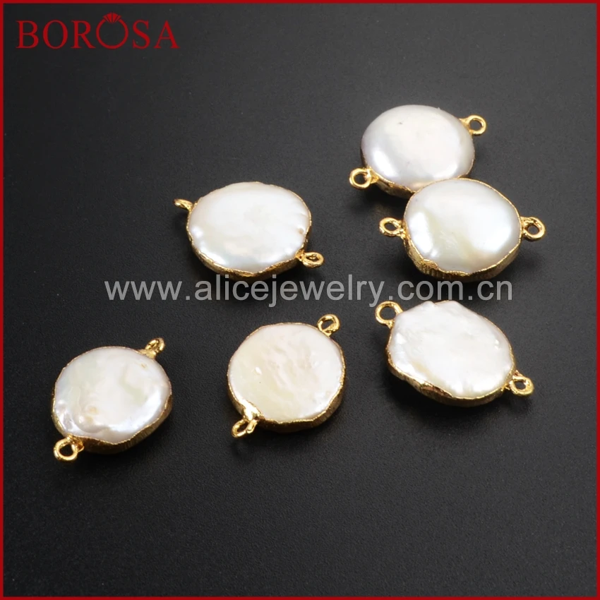 

BOROSA Round Gold Color Natural Pearl Connector Double Bails,Wholesale Freshwater Pearl Drusy Connector for Bracelet G1071