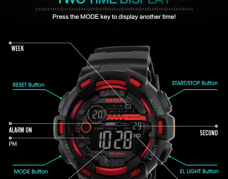 SKMEI Outdoor Sport Watch Men Multifunction 5Bar Waterproof PU Strap LED Display Watches Chrono Digital Watch reloj hombre 1243