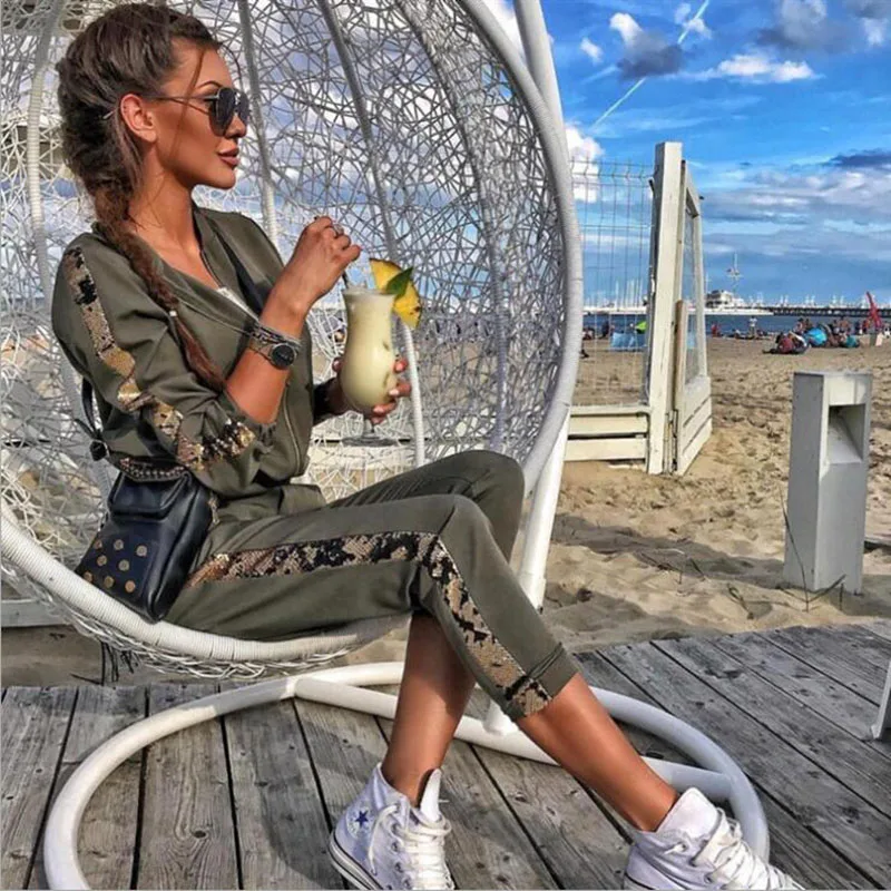 

2018 Women Fashion Sequins Patchwork Sorting Suit Set Zipper Casual Coat Jackets + Loose Sweat Pants Capris Two PCs Set