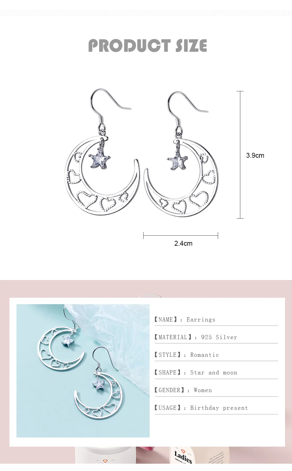 S925 Silver Moon Earrings Female Korean Hollow Romantic Love Earrings Stars Ear Fine jewelry Anniversary Gift For Girlfriends (8)