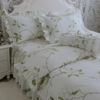 

Fresh Leaves Floral Shabby Duvet Cover Set Girls 100%Cotton Ruffled Bedding set Bedskirt Pillow shams 4Pcs Twin Queen King size