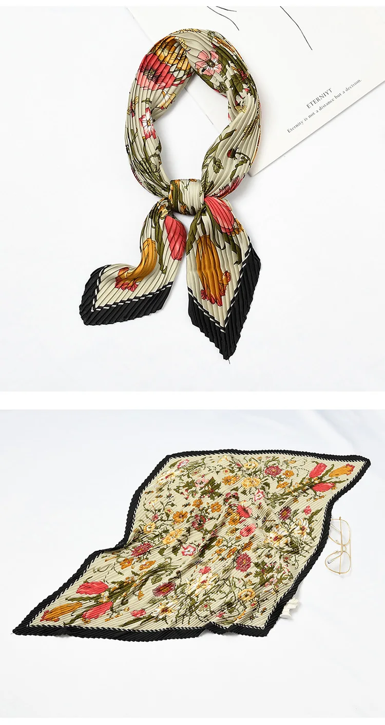 Женский Шелковый плиссированный шарф с цветочным принтом, яркий платок с принтом, бандана с маленькой шеей, мнущийся квадратный головной убор [3959]