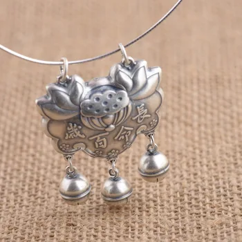 

S990 fine silver lotus pendant antique style longevity lock