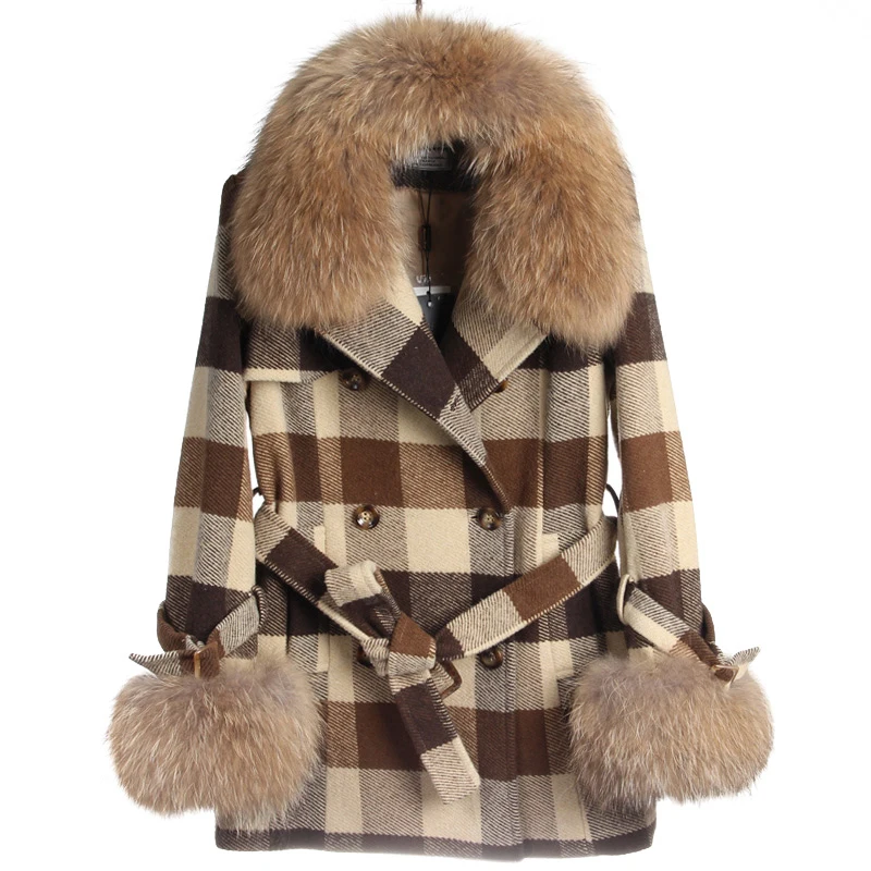 

2019 Casual Long Outerwear New Winter Women Real Raccoon Fur Collar Plaid Double Breasted British Style Wool Blend Trench Coat