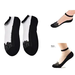 1 пара Для женщин носки Для женщин ультратонкий прозрачный красивый кристалл кружева эластичные короткие носки