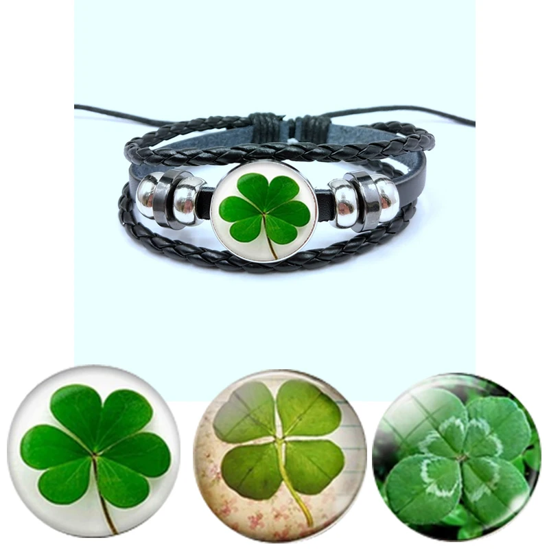 

Lucky Clover Shamrock Art Picture Glass Cabochon Black Leather Bracelet Multi Layer Braided Bracelet Men Women Fashion
