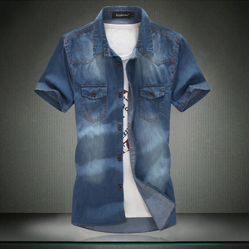 Plus Size!Denim Men 2015 New Men Jeans Shirts Water Washing Male Tops Short Sleeve Flower Solid 