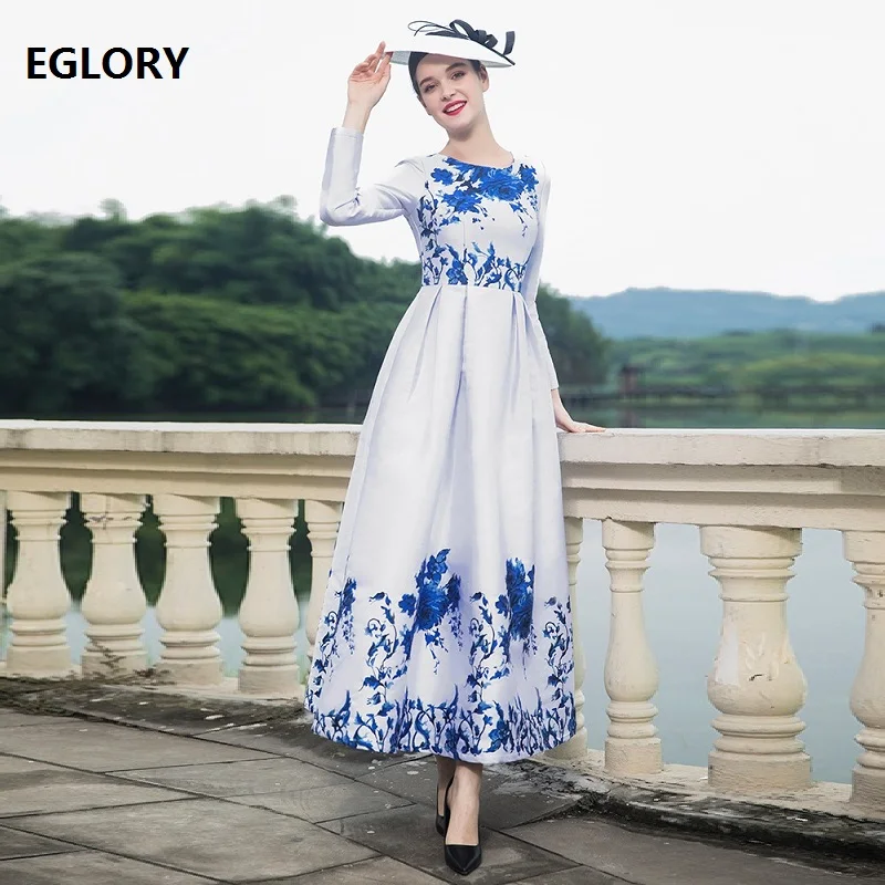 Nieuwe 2018 Herfst Winter Avond Party Gown Dress Vrouwen Vintage Jacquard Print Lange Mouwen Elegante Maxi Jurk Plus Size Vestidos