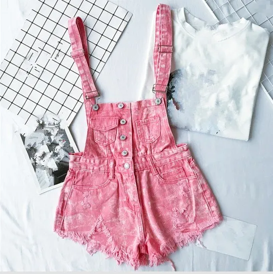 2017 Denim Bib Pants Female Summer High Waist Hole Denim Overalls Pierced Burr Strap Loose Shorts Jeans